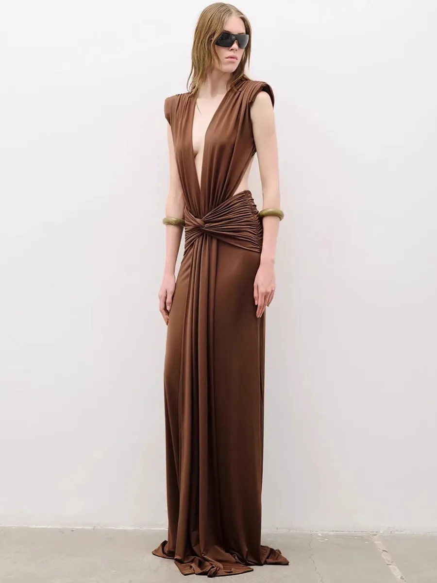 Clementine Pleated Deep V-Neck Maxi Dress