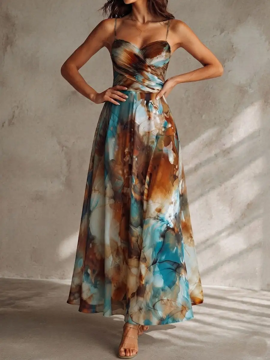 Boho Watercolor Print Chiffon Spaghetti Strap Maxi Dress
