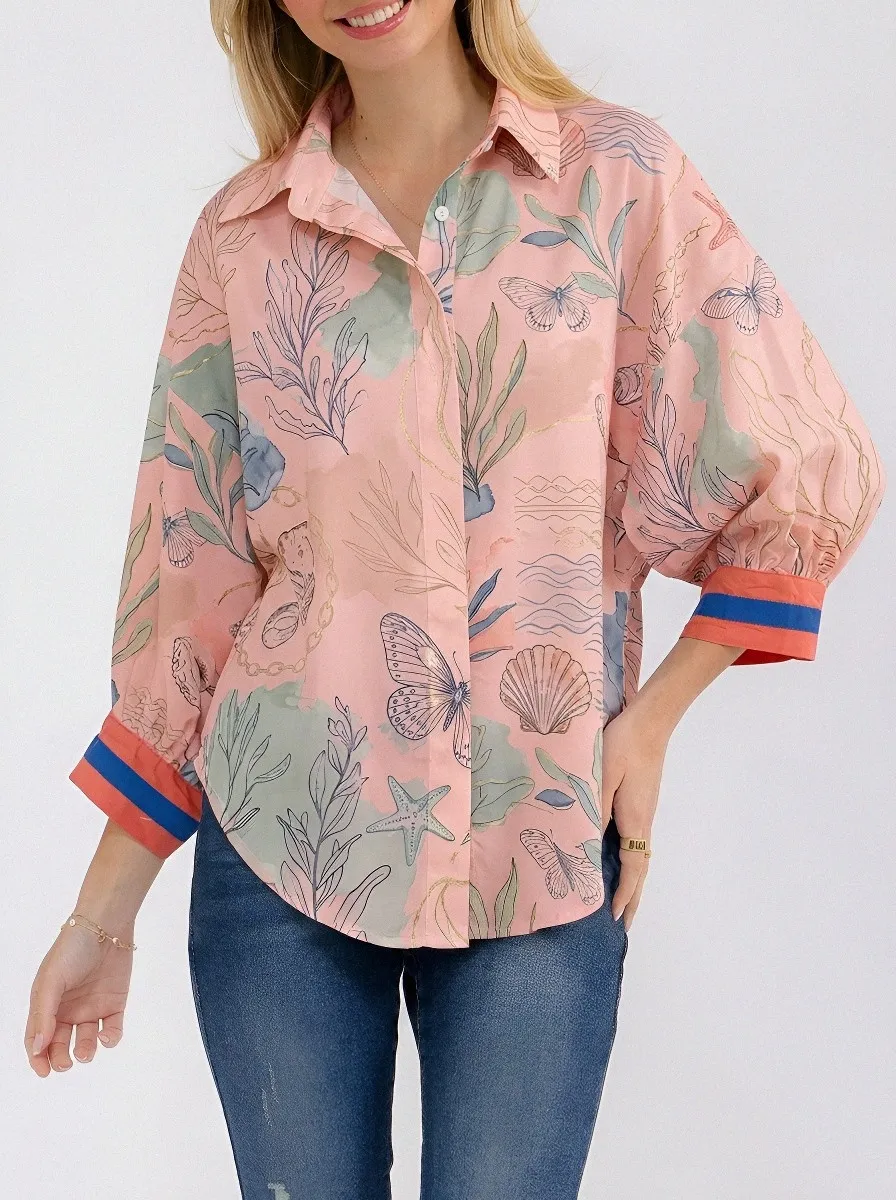 Women's Coastal Butterfly Seashell Printed Button-up Shirt
