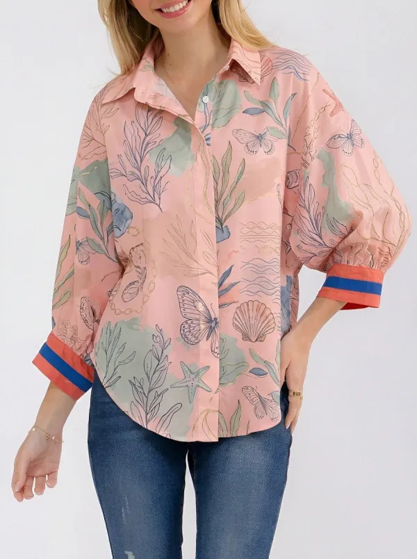 Women's Coastal Butterfly Seashell Printed Button-up Shirt