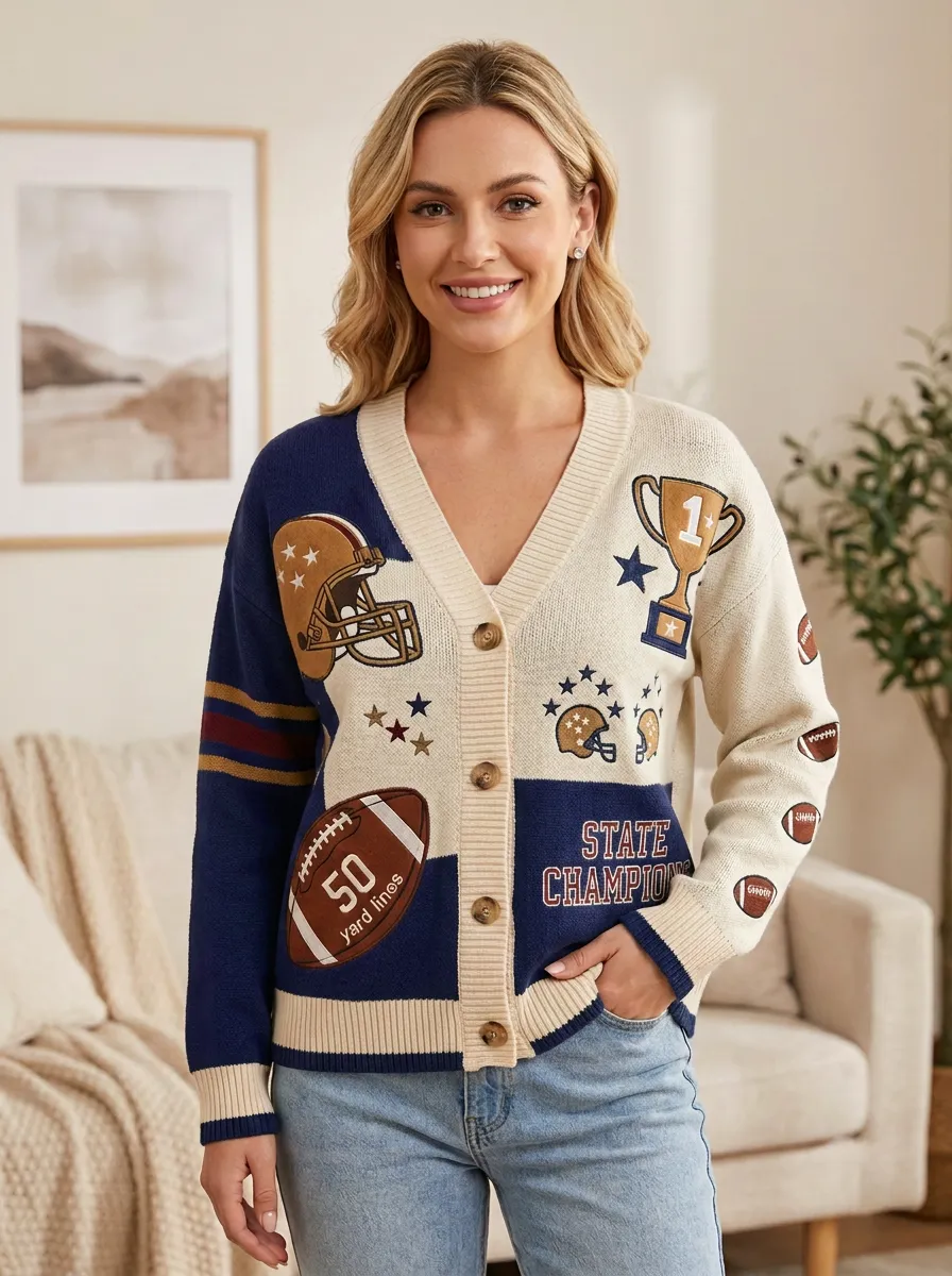 Women's Sideline Inspired Helmet Football Trophy Knitted Cardigan