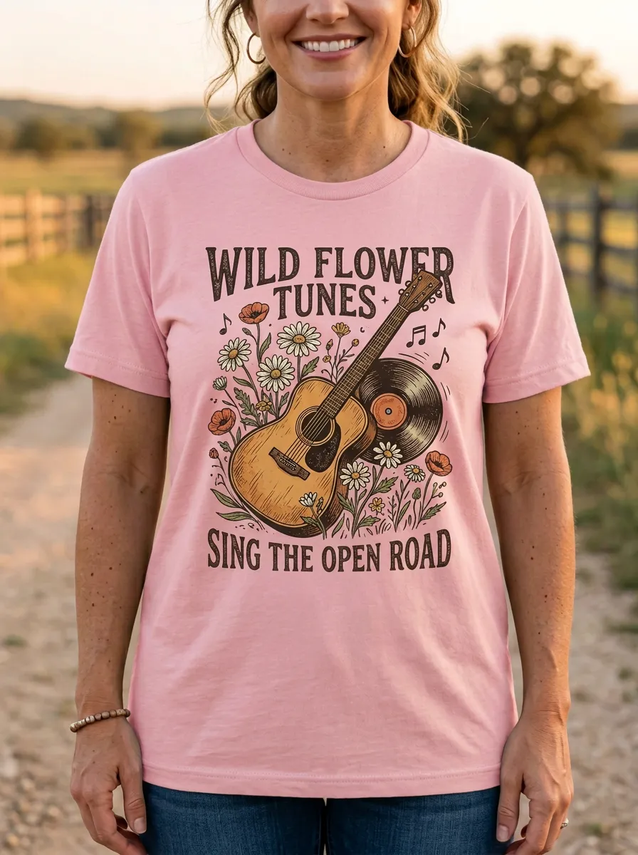 Guitar Wildflower Record-Player Women's Country Music Casual T-Shirt