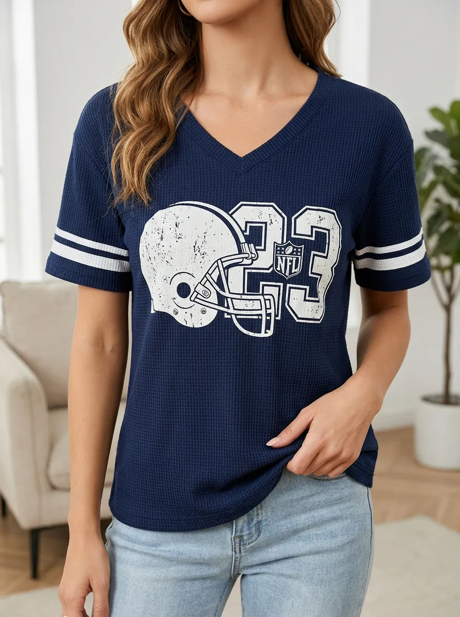 Women's Football Fan 23 Helmet Printed Waffle Knit Top
