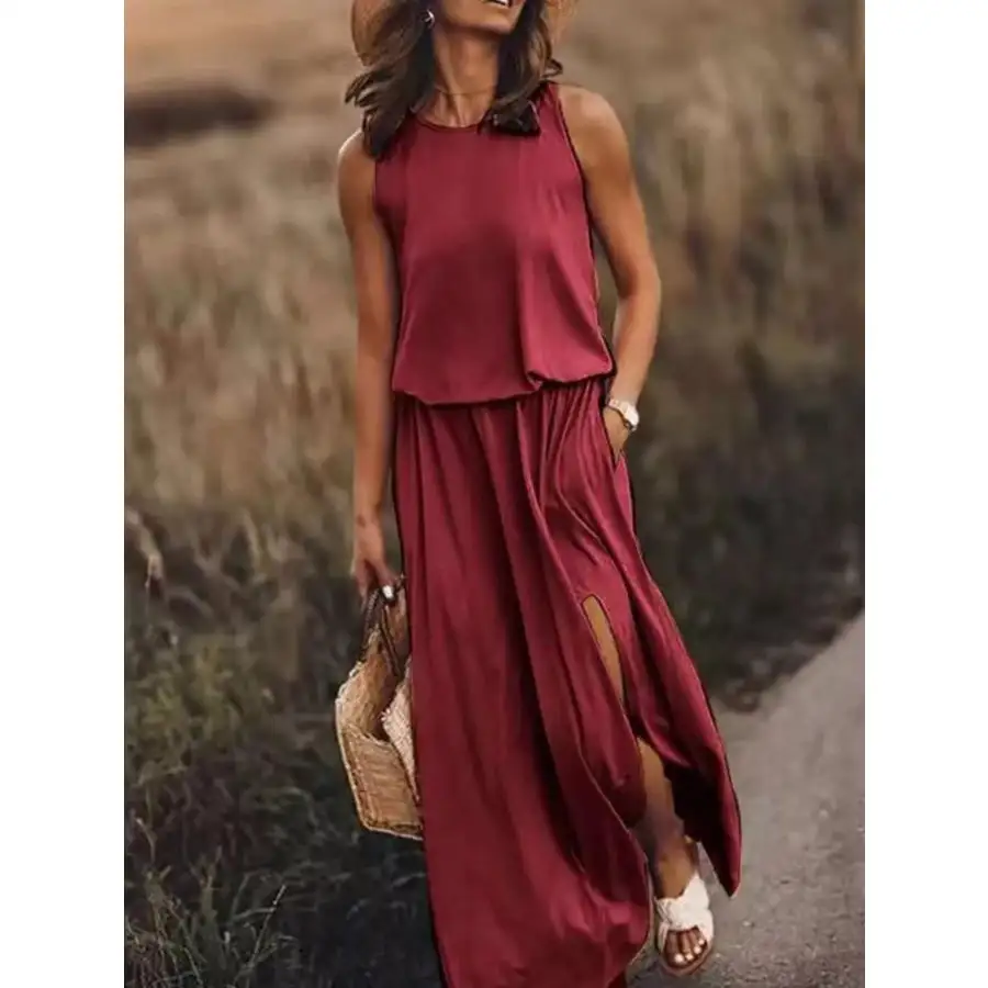 Full Size Round Neck Sleeveless Slit Maxi Dress Plus Size