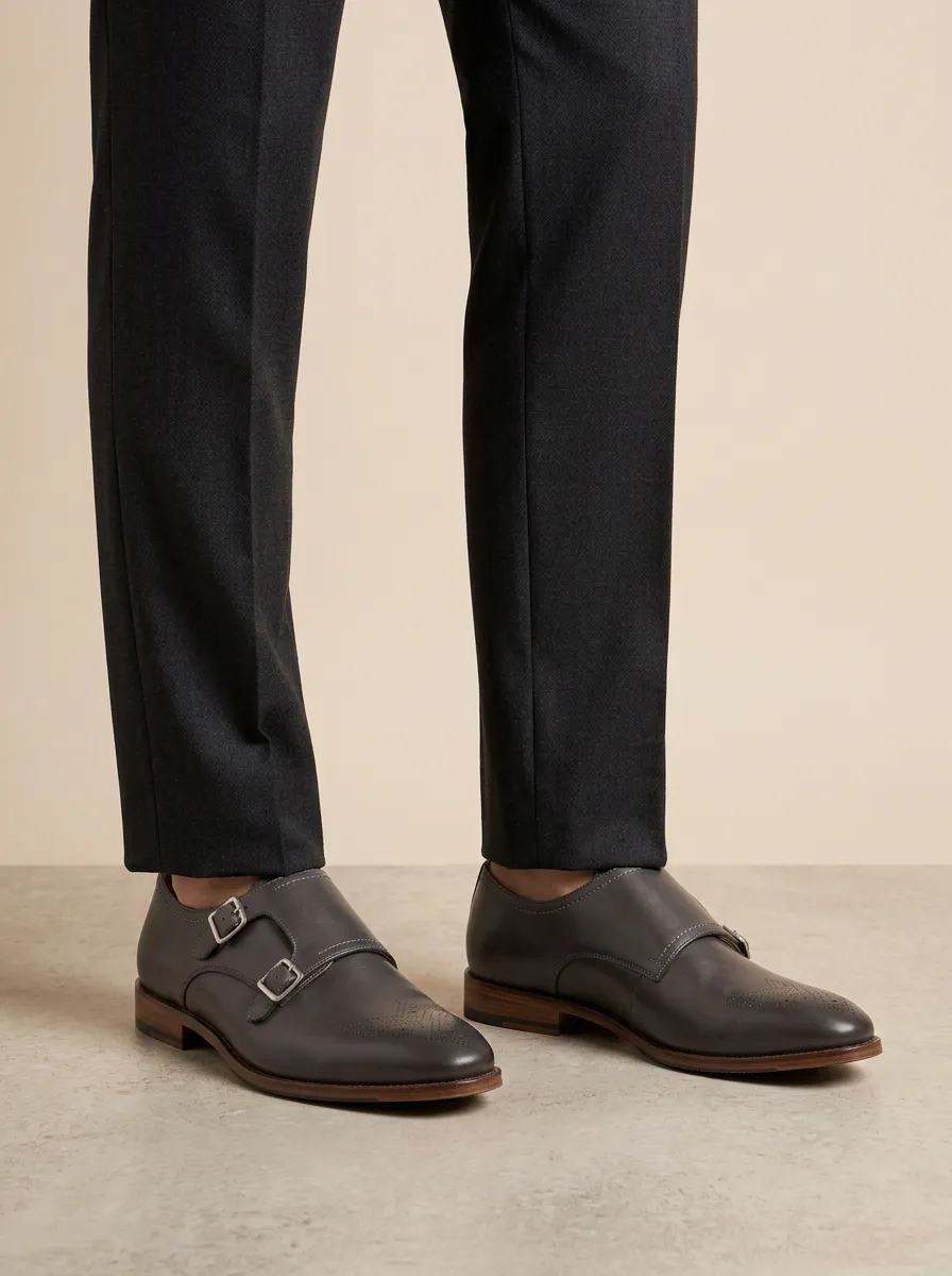 Men's Formal Business Double Monk Strap Brogue Leather Shoes