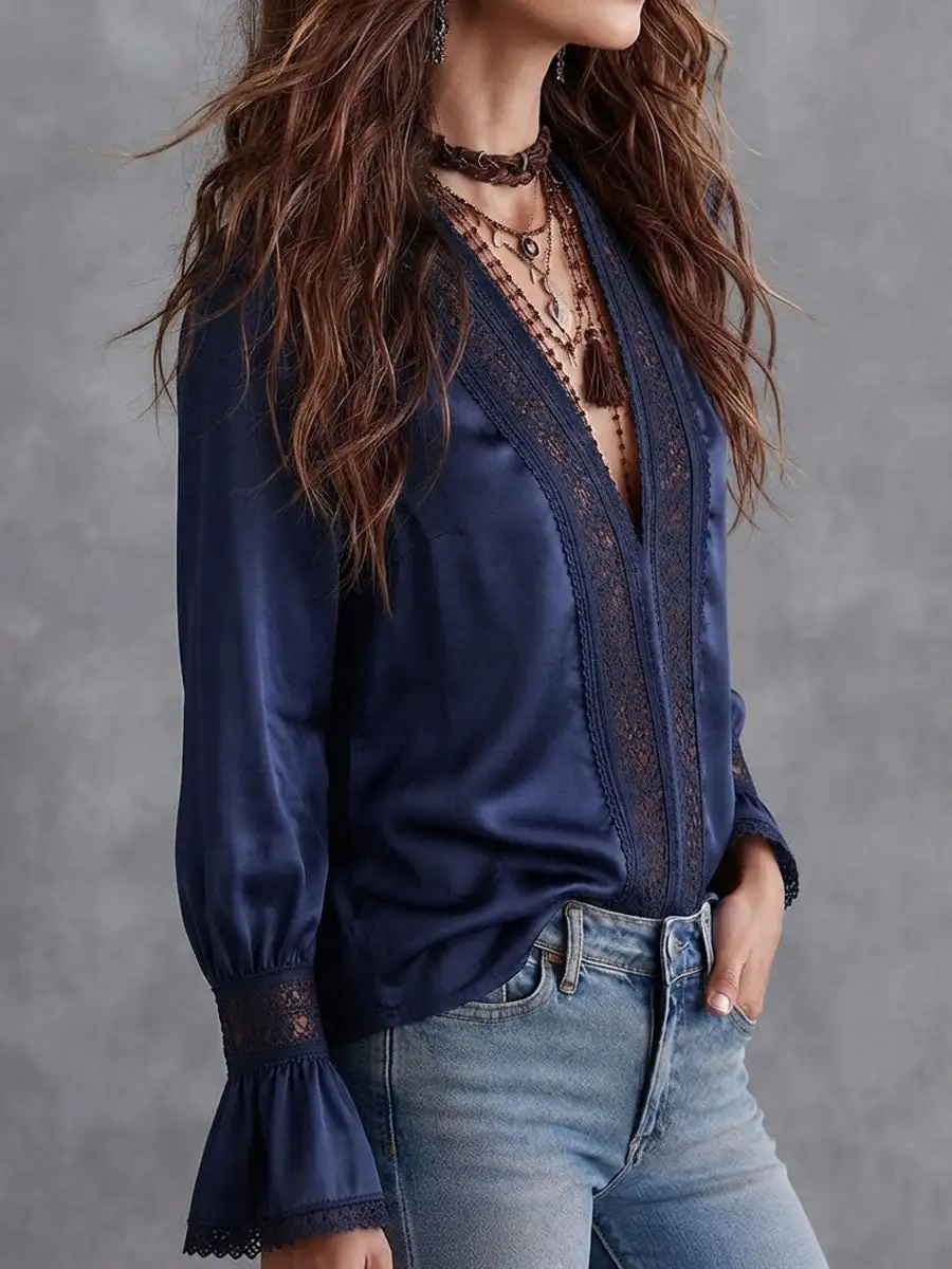 Boho Navy Satin Lace Trim Flare Long Sleeve Blouse