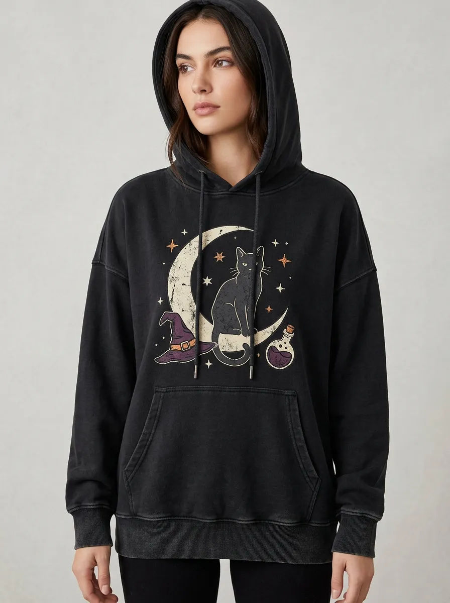 Women's Halloween Witchy Cat Moon Printed Hoodie