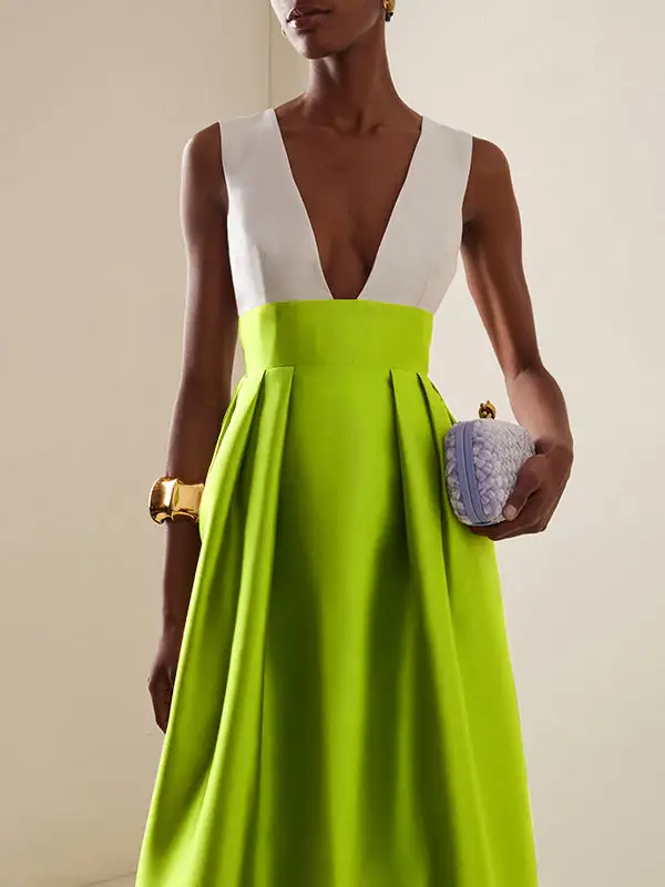 Deep Pleated Neck Maxi Dress