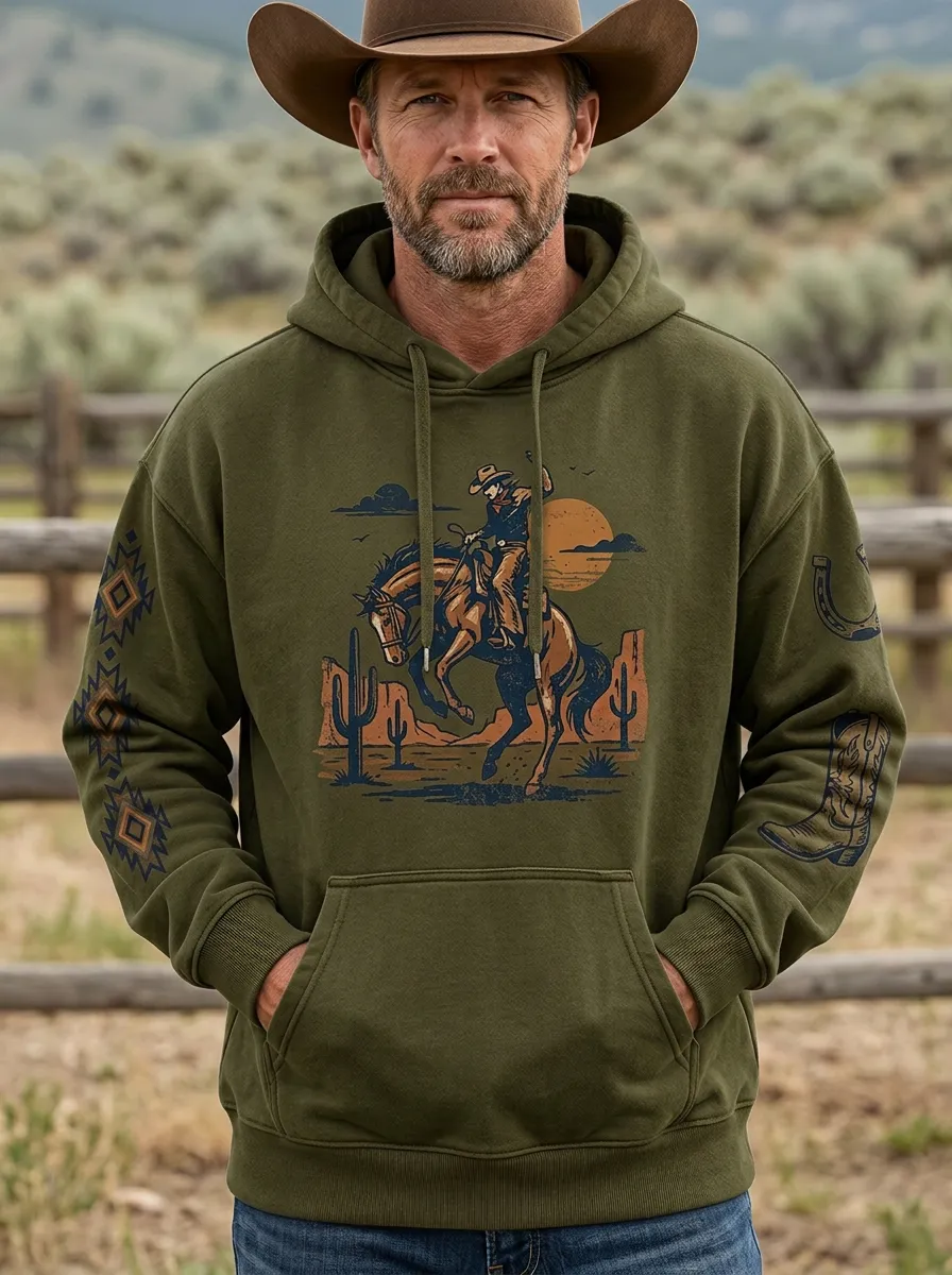 Men's Heritage Inspired Western Cowboy Horse Cactus Graphic Hoodie