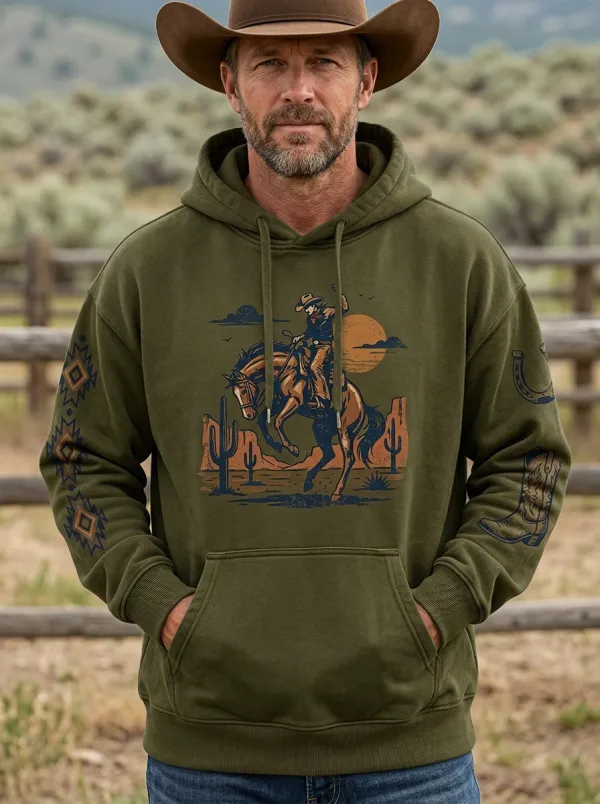 Men's Heritage Inspired Western Cowboy Horse Cactus Graphic Hoodie