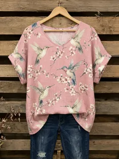 Hummingbird Cherry Blossom V-Neck Women's Loose Printed Blouse