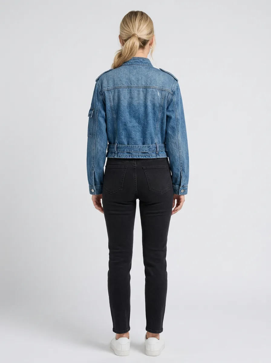 Women's Vintage Style Utility Belted Denim Jacket