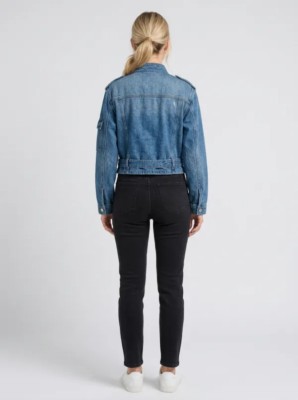 Women's Vintage Style Utility Belted Denim Jacket