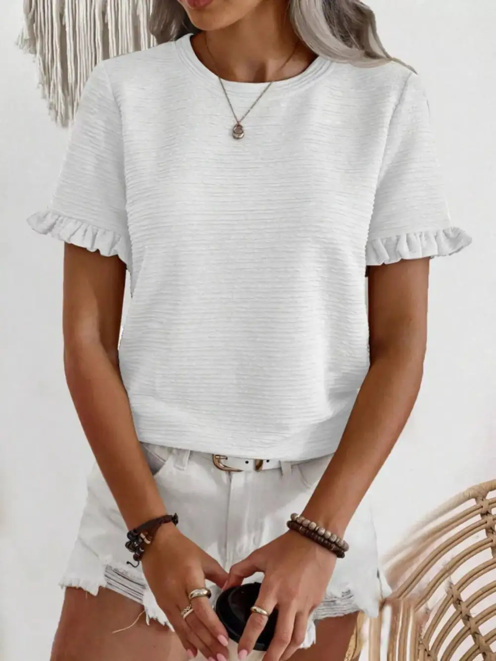 Textured Ruffle Sleeve Round Neck Blouse