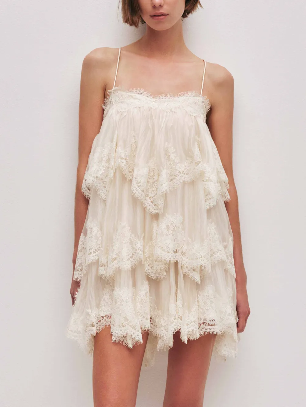 Layered Lace Trim Spaghetti Strap Mini Dress