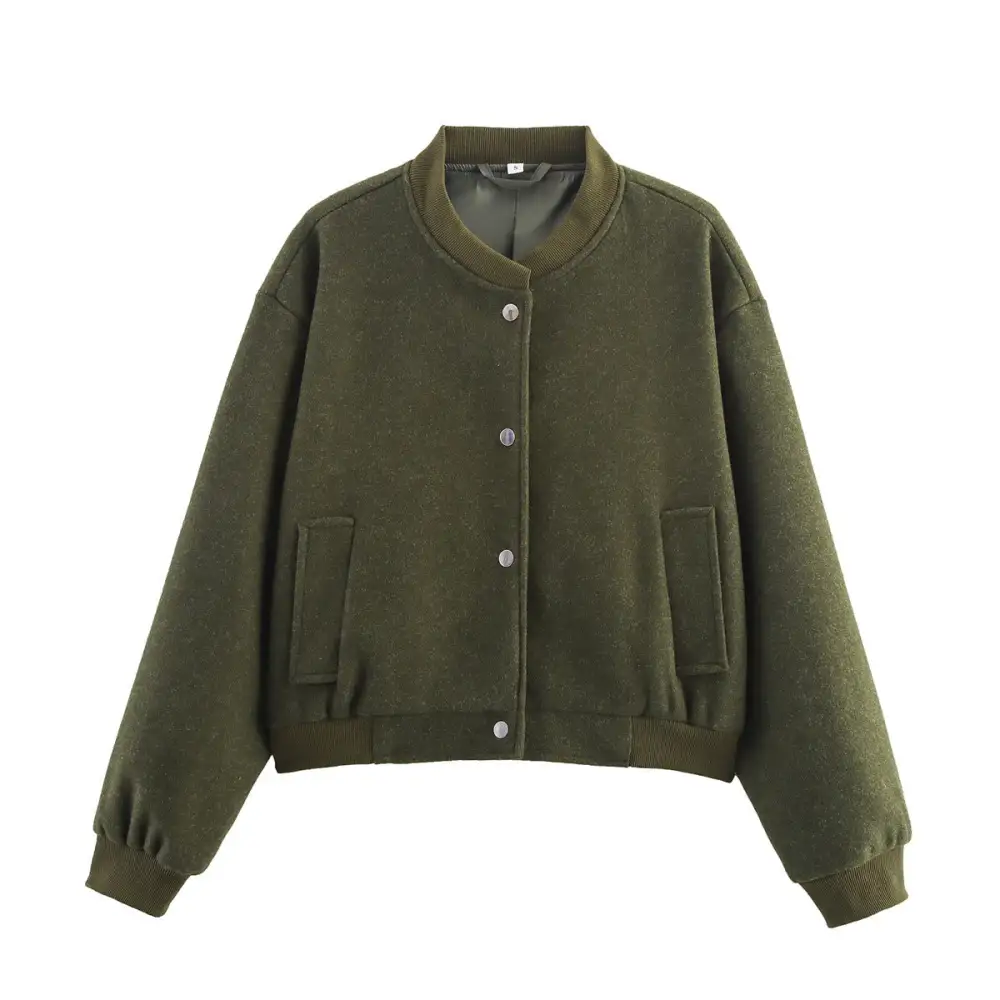 Quilted Wool Blend Snap Front Ribbed Trim Bomber Jacket