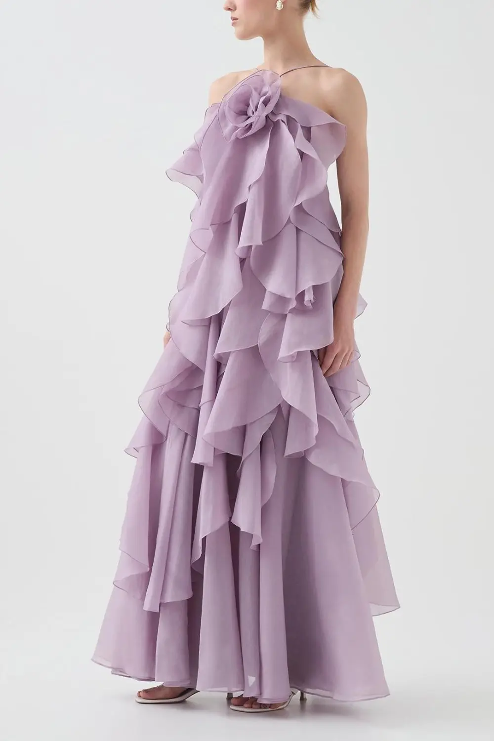 3D Flower Halter Neck Frill Maxi Dress