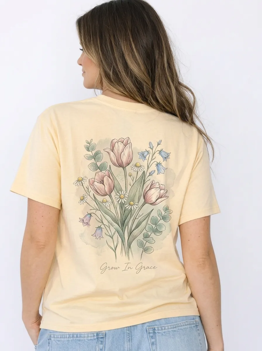 Women's Floral Grow In Grace Watercolor Tulip Printed T-shirt