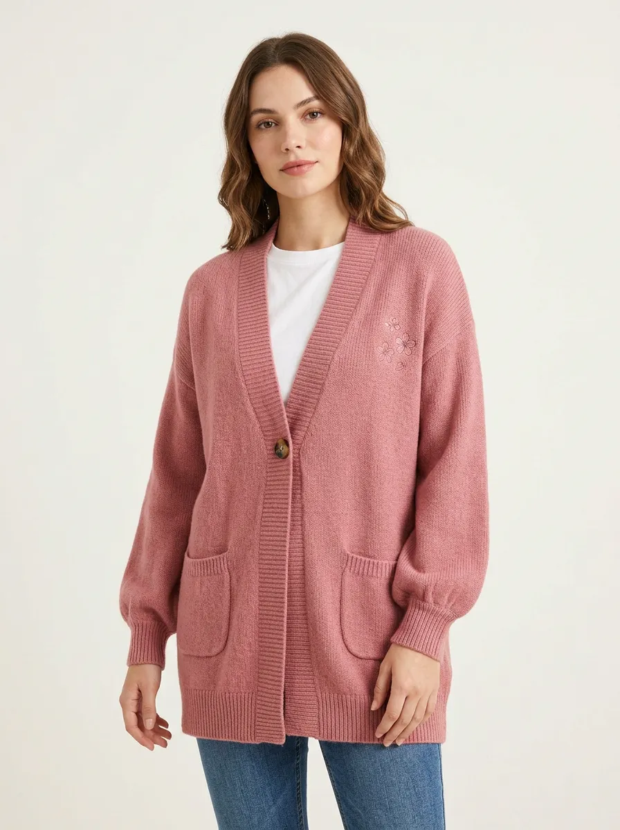 Pink Floral Embroidered V-Neck Button-Front Cardigan