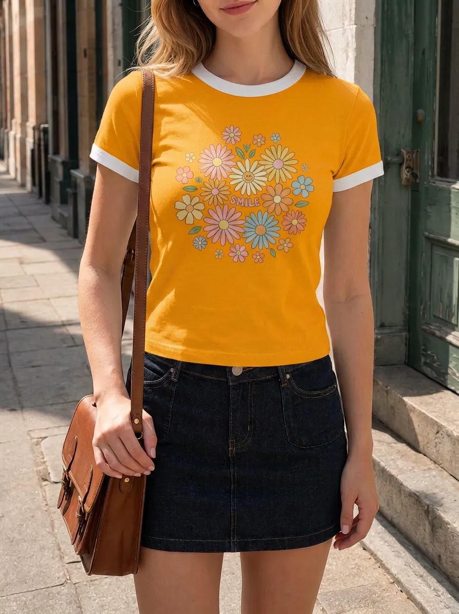Women's Retro Floral Smile Printed Ringer T-shirt