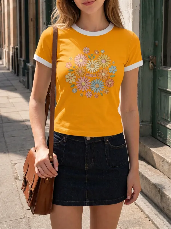 Women's Retro Floral Smile Printed Ringer T-shirt