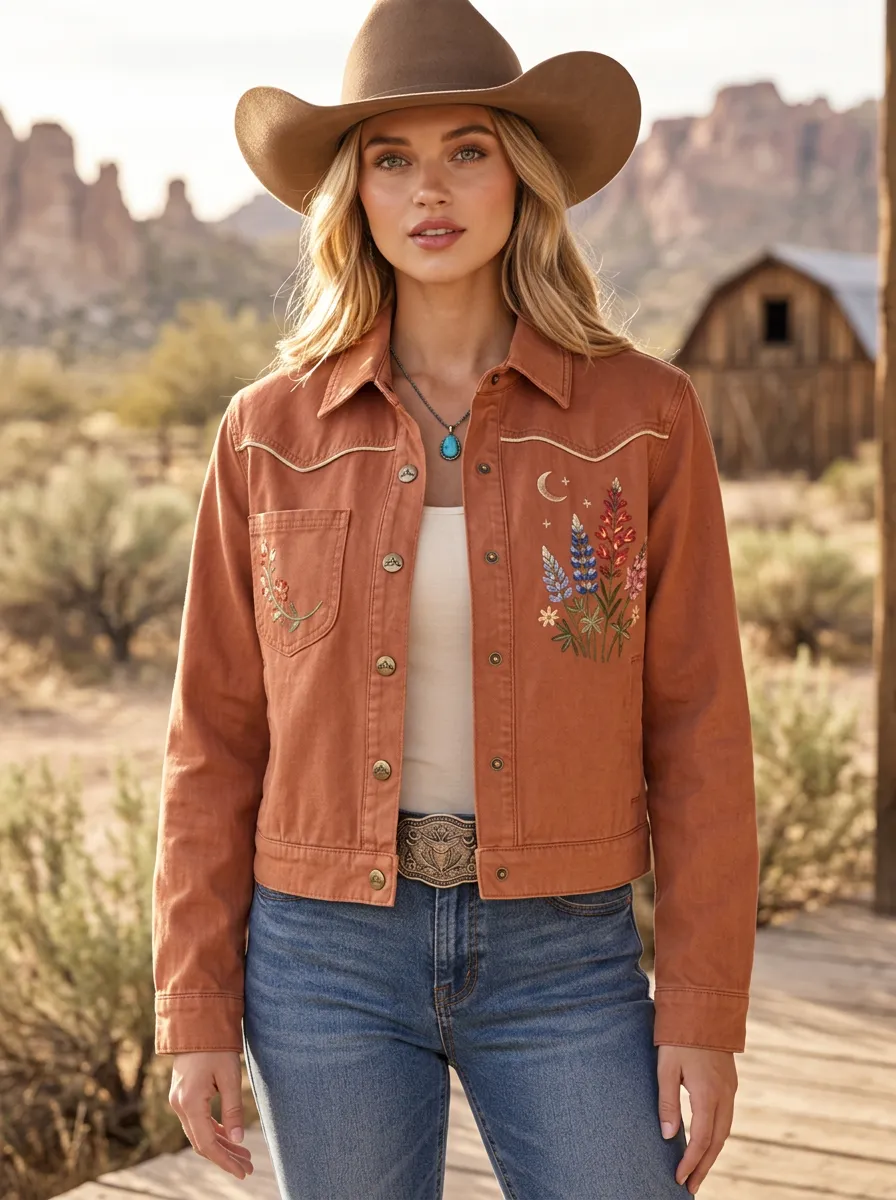 Women's Western Cowgirl Moon Floral Embroidered Denim Jacket