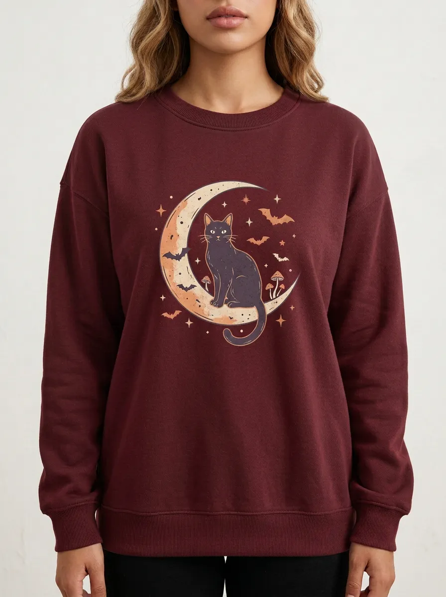 Women's Halloween Cat Moon Mushroom Bats Printed Sweatshirt