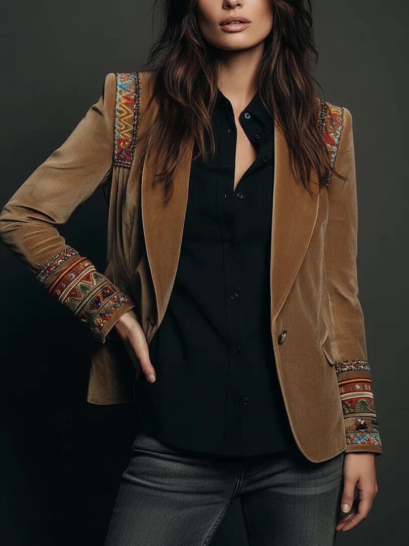 Polyester velvet Embroidered Blazer With Bohemian Detailing