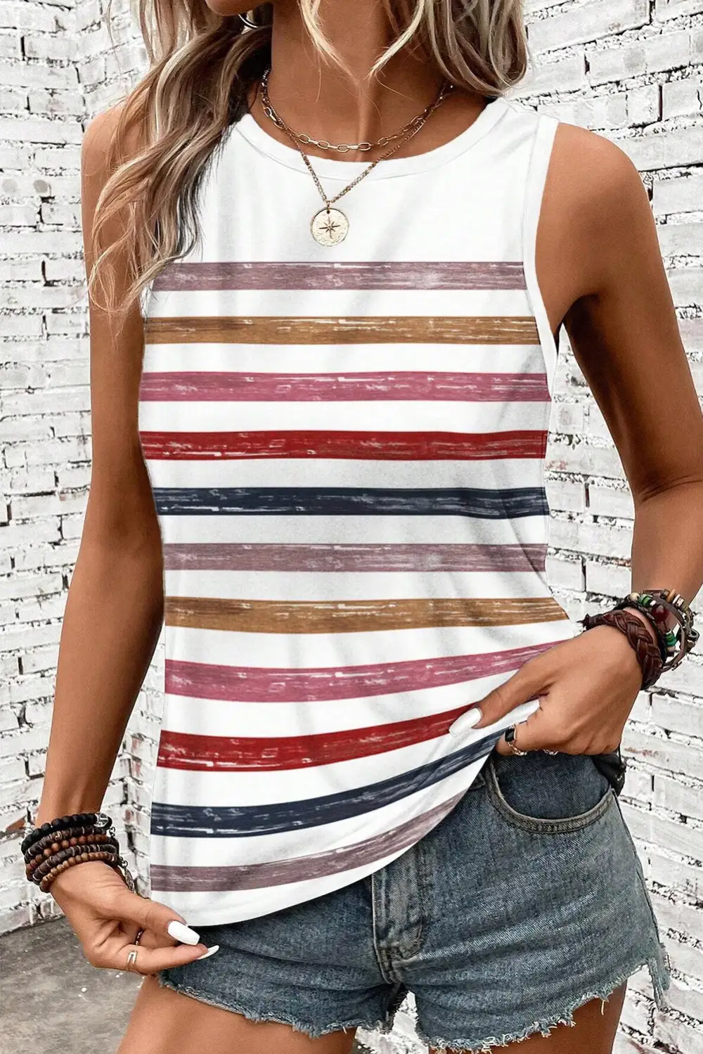 Stripe Rainbow Round Neck Tank Top