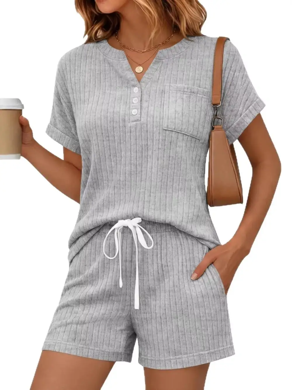 Casual Ribbed Knit Tee Shorts Set