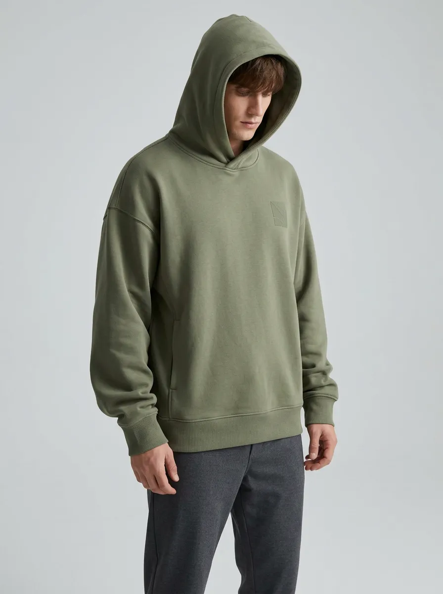 Men's Minimalist Olive Green Geometric Logo Printed Hoodie