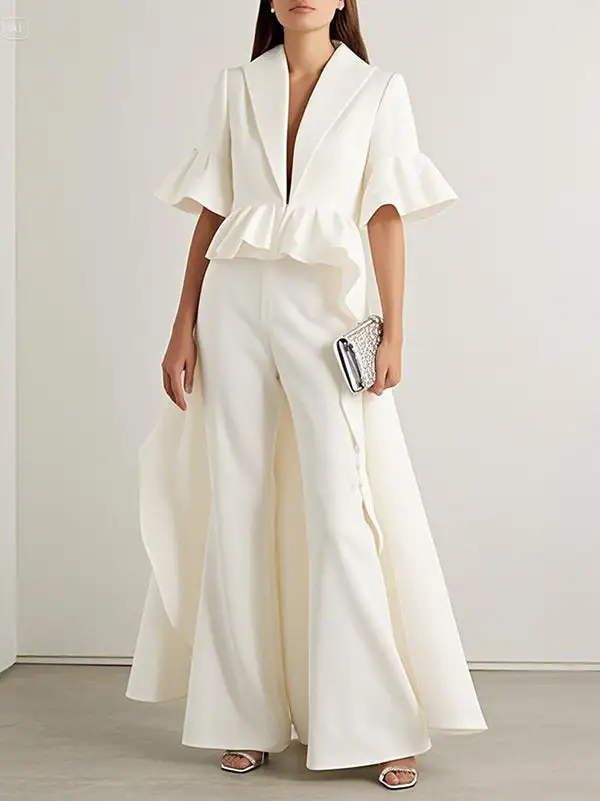 Flare Sleeve Half Ruffle Trim Solid Color Jacket