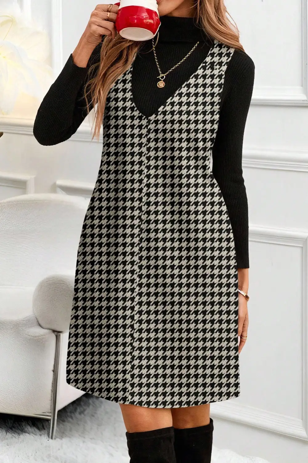 Houndstooth Printed V Neck Mini Dress