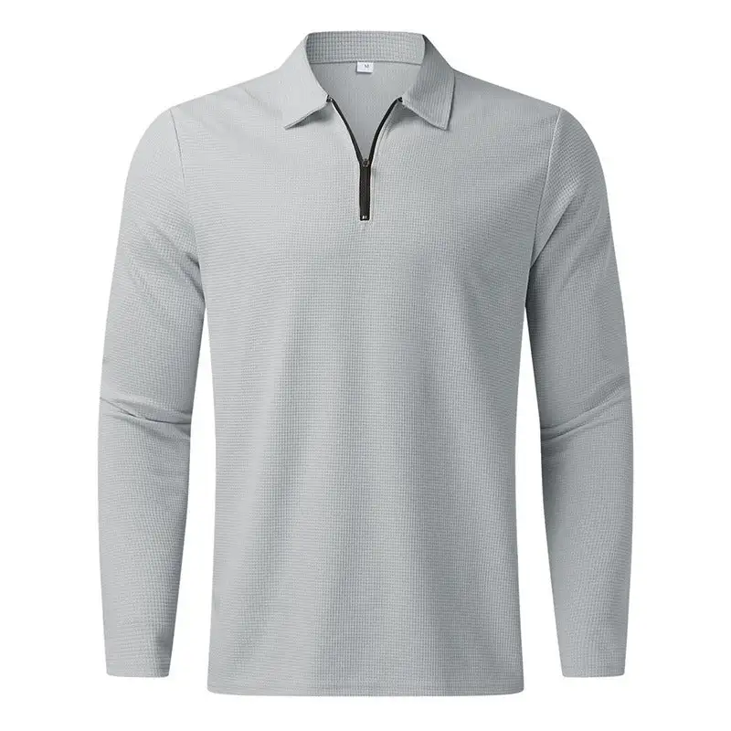 Waffle Texture Spread Collar Long Sleeve Polo Shirt