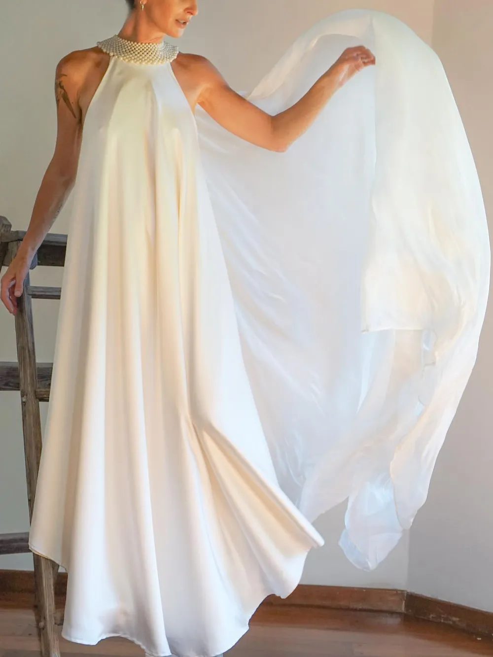 Pearl Embellished Halterneck Satin Maxi Dress