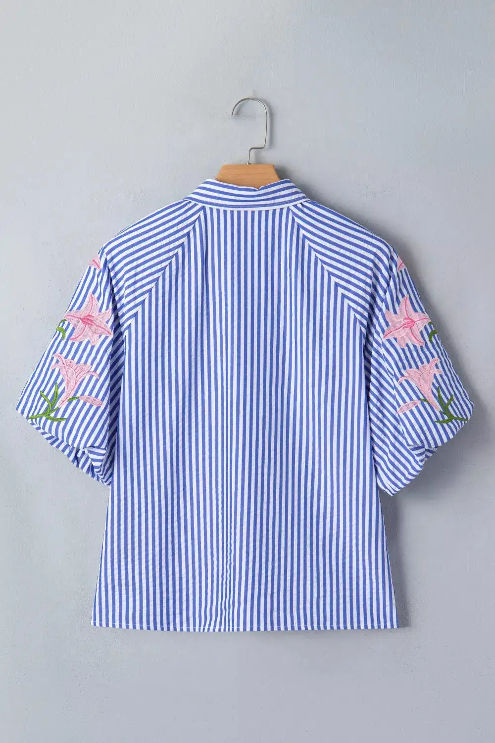 Striped Floral Embroidered Puff Sleeve Button Down