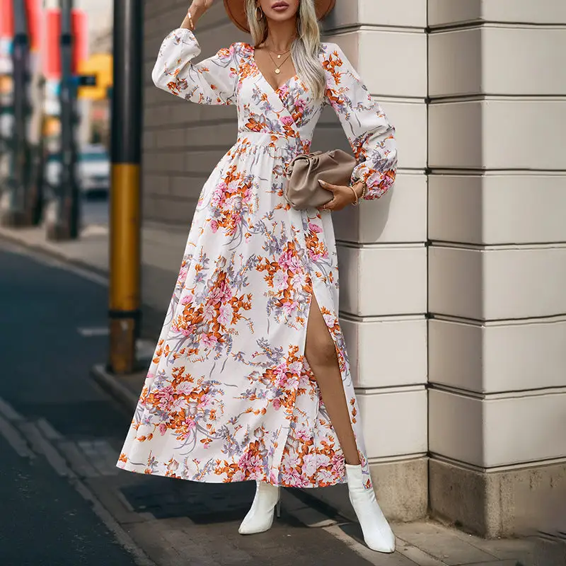 Women's V-Neck Floral Ruffled Bridal Maxi Dress