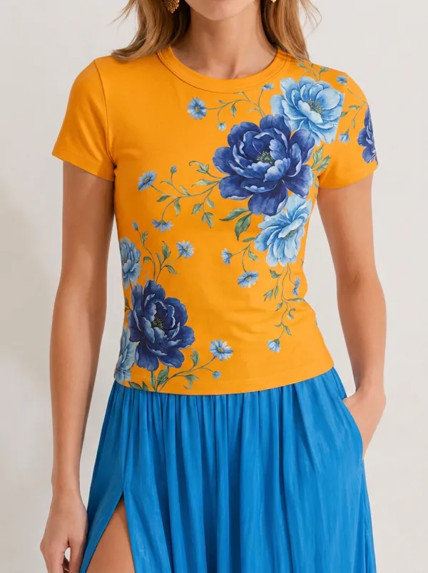 Women's Floral Lover Blue Peony Botanical Printed T-shirt