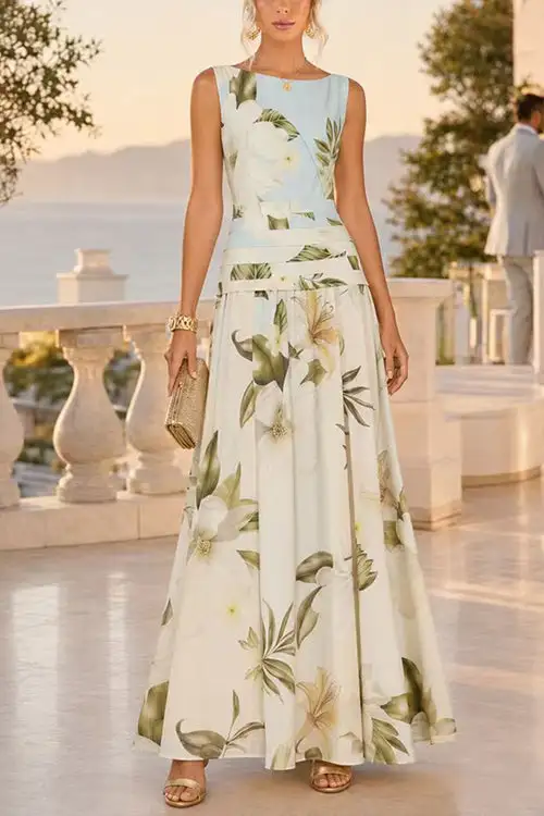 Margovil Boat Neck Sleeveless Floral Print A-line Maxi Dress