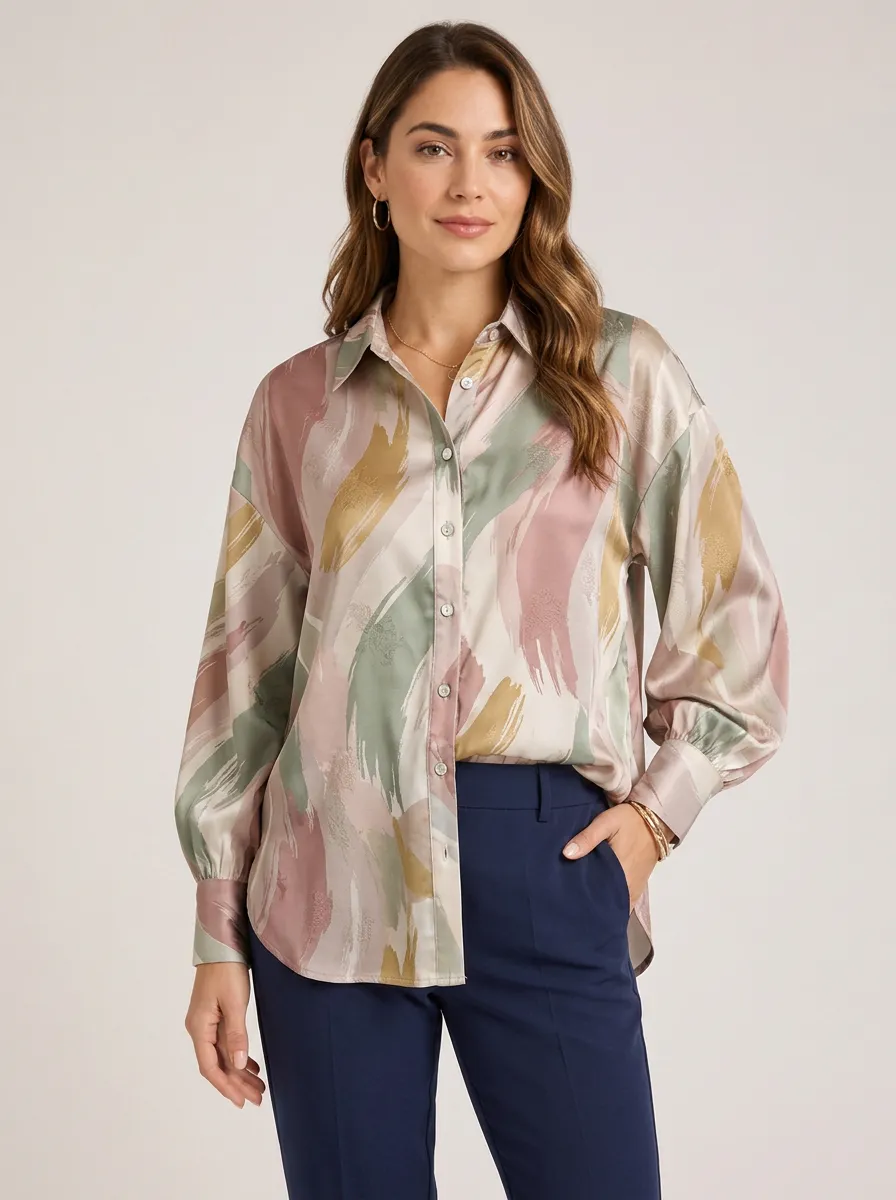 Women's Abstract Brushstroke Print Button Down Printed Shirt
