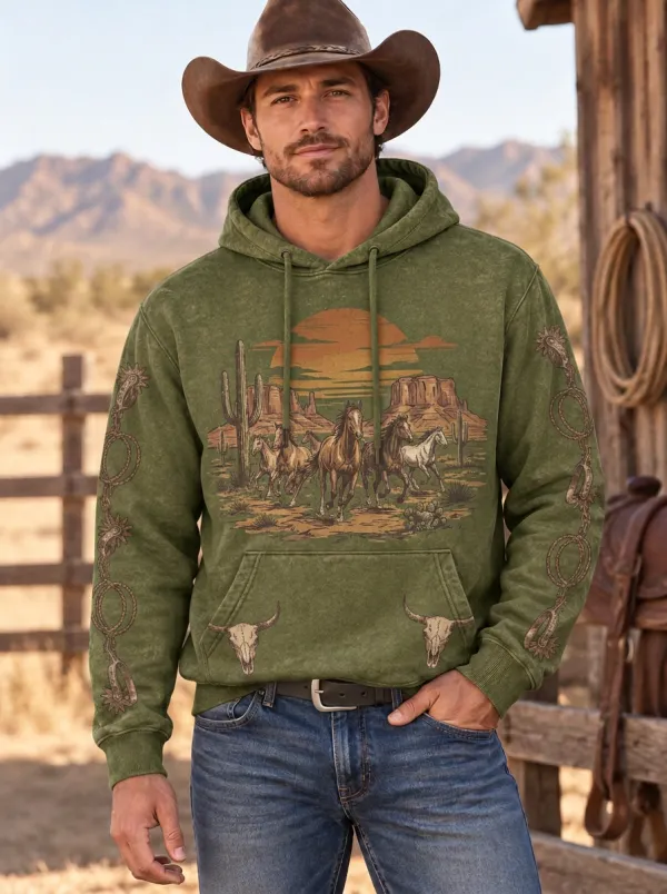 Men's Prairie Inspired Western Cowboy Horse Desert Graphic Hoodie