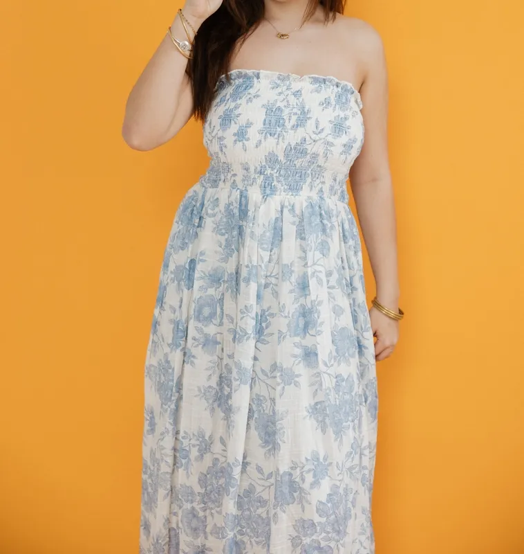 Ivory Floral Cotton Blend Midi Dress