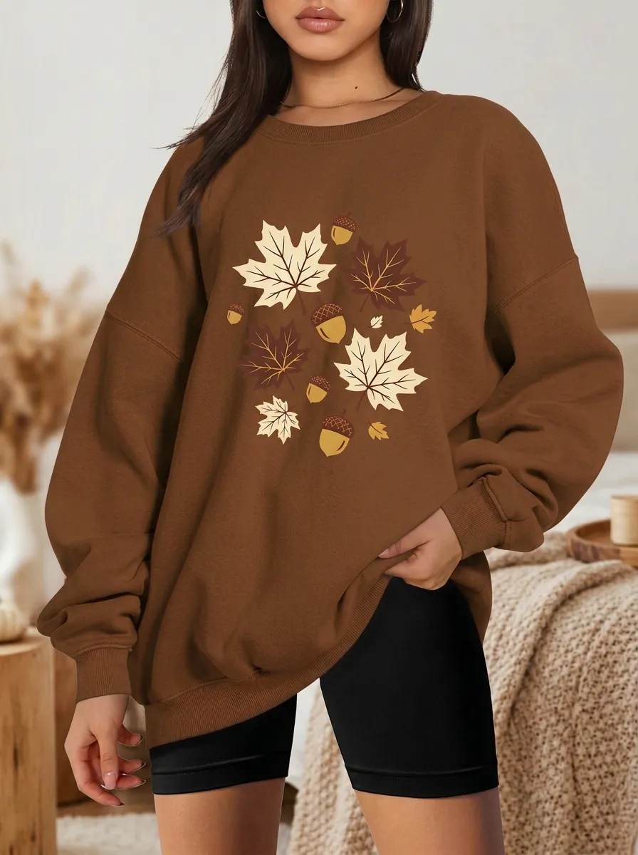 Layered Design Maple-Leaf Printed Acorn Graphic Sweatshirt