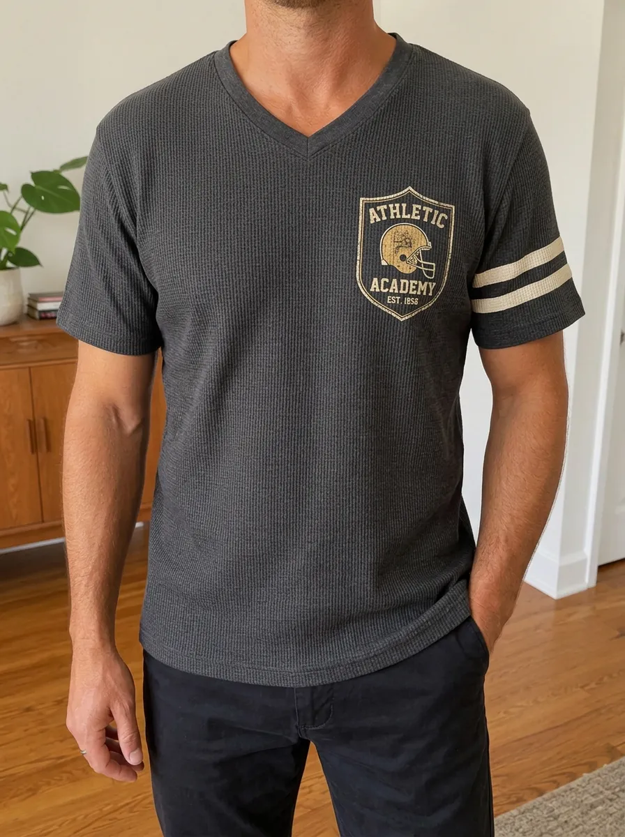 Men's Football Athletic Academy Shield Printed Waffle V-Neck Shirt