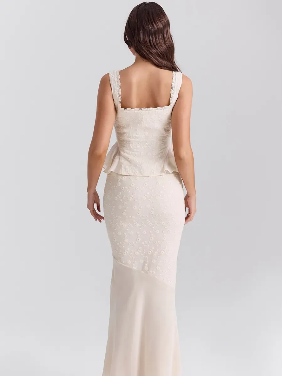 Ophelia Vintage Cream Cotton Maxi Skirt Set