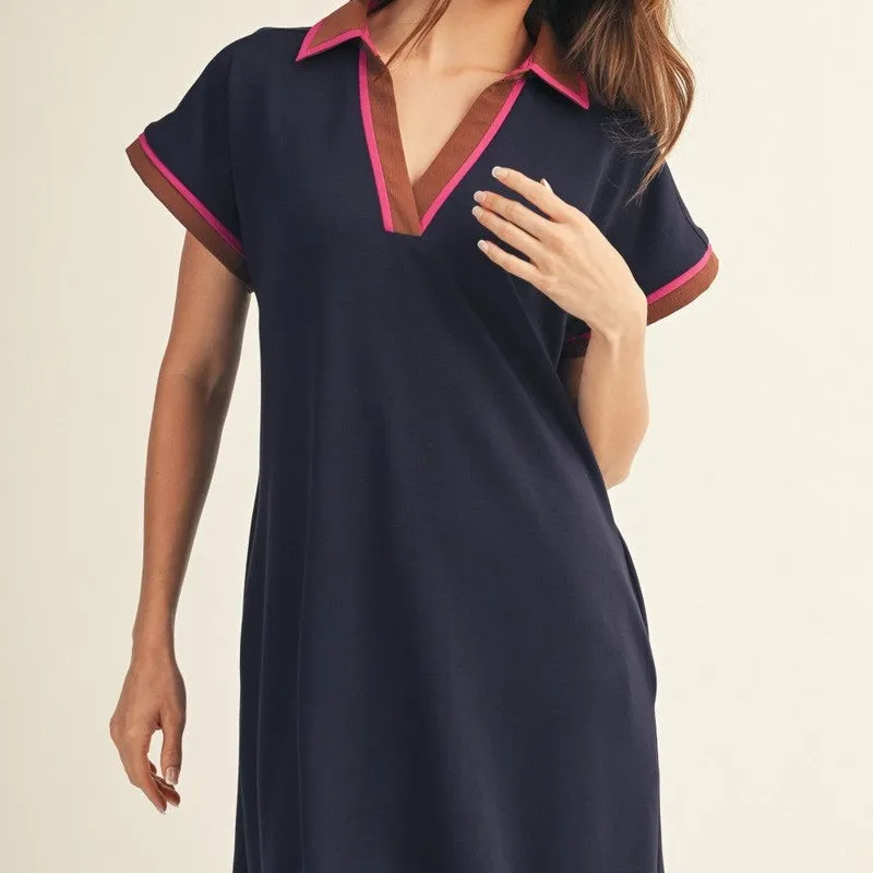 Striped Short Sleeve Collared Knit Dress