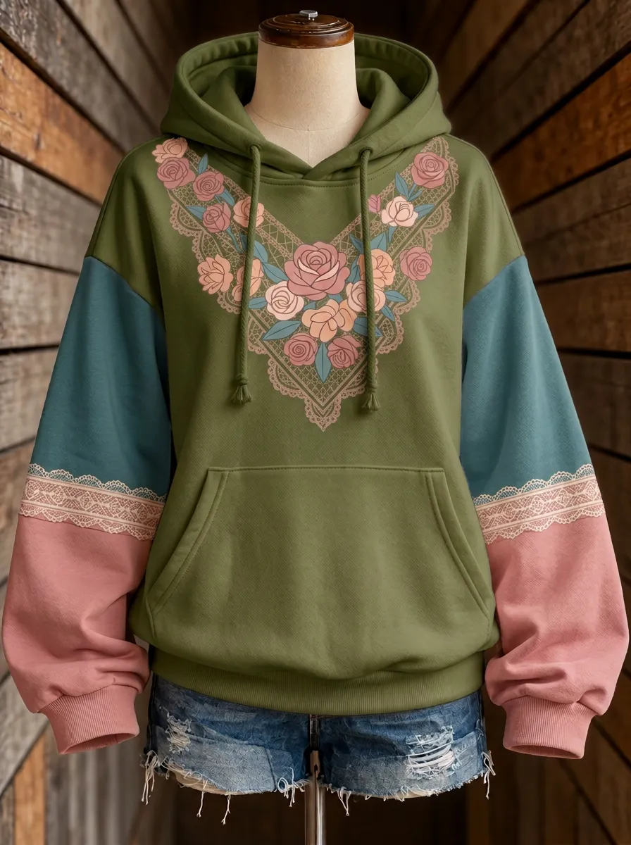 Women's Western Style Rose Lace Printed Hoodie
