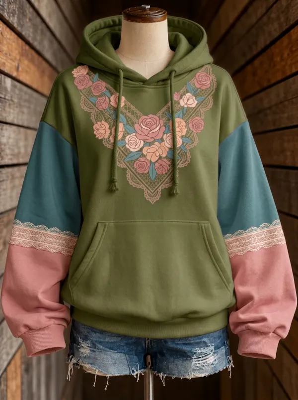 Women's Western Style Rose Lace Printed Hoodie