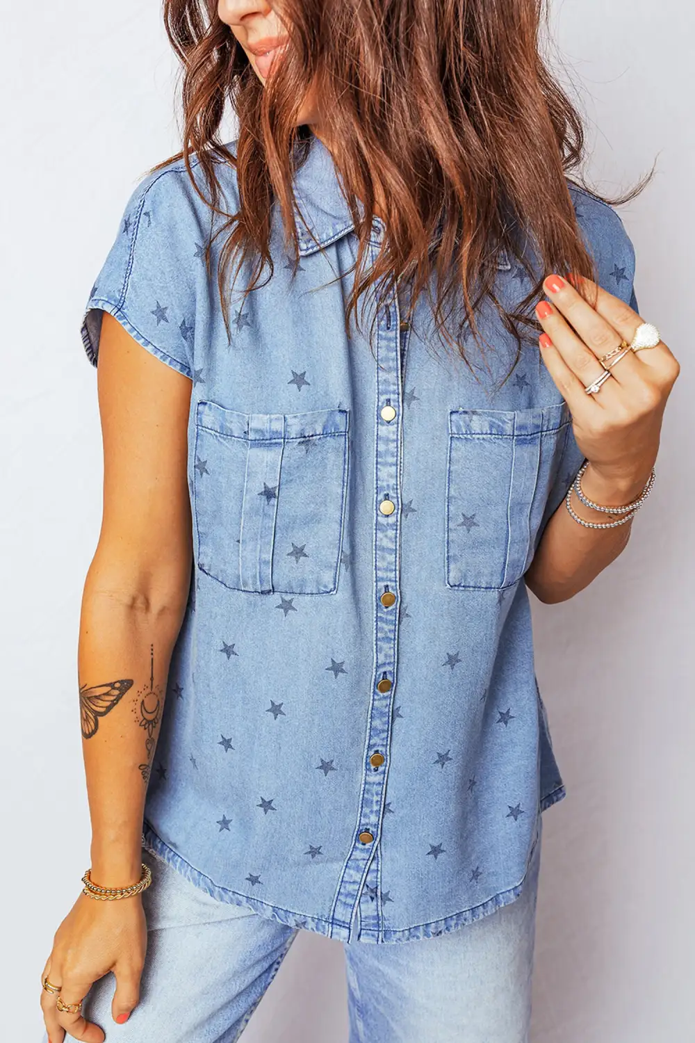 Short Sleeve Western Inspired Pocket Detail Shirt Blouse