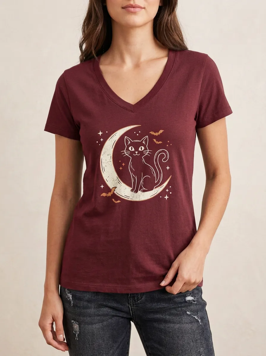 Women's Halloween Cat Moon Bats Printed V-Neck T-Shirt